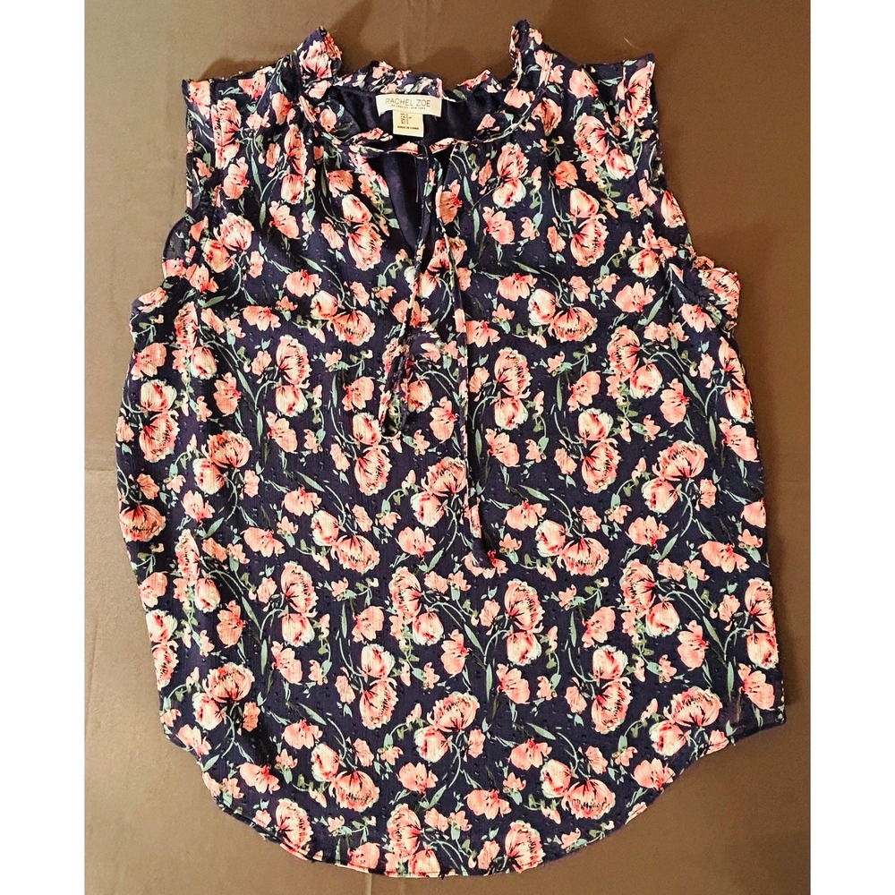 NWOT Rachel Zoe Floral Sleeveless Ruffle V-Neck Tie Top Blouse Navy Pink Small S